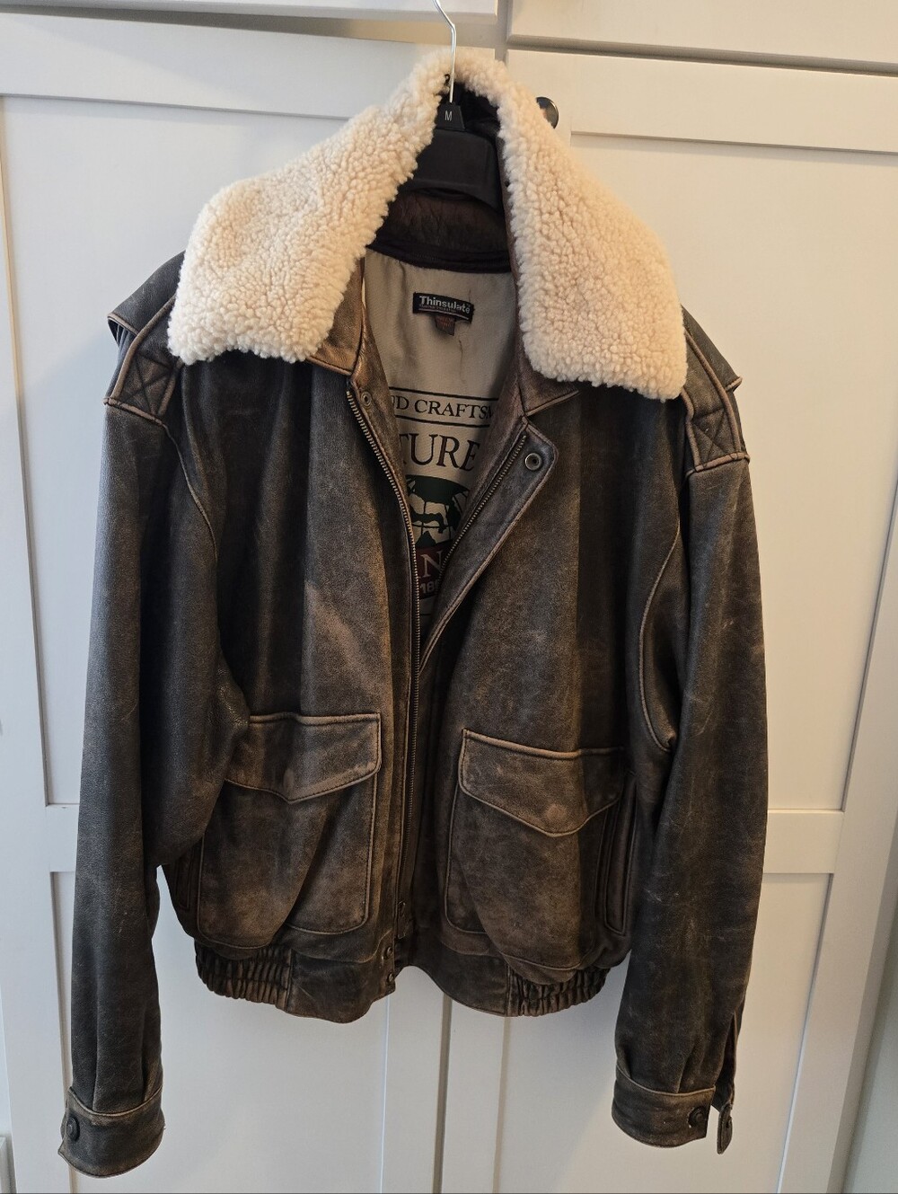 3M Thinsulate Brown Leather Bomber Jacket with Cream Shearling Collar